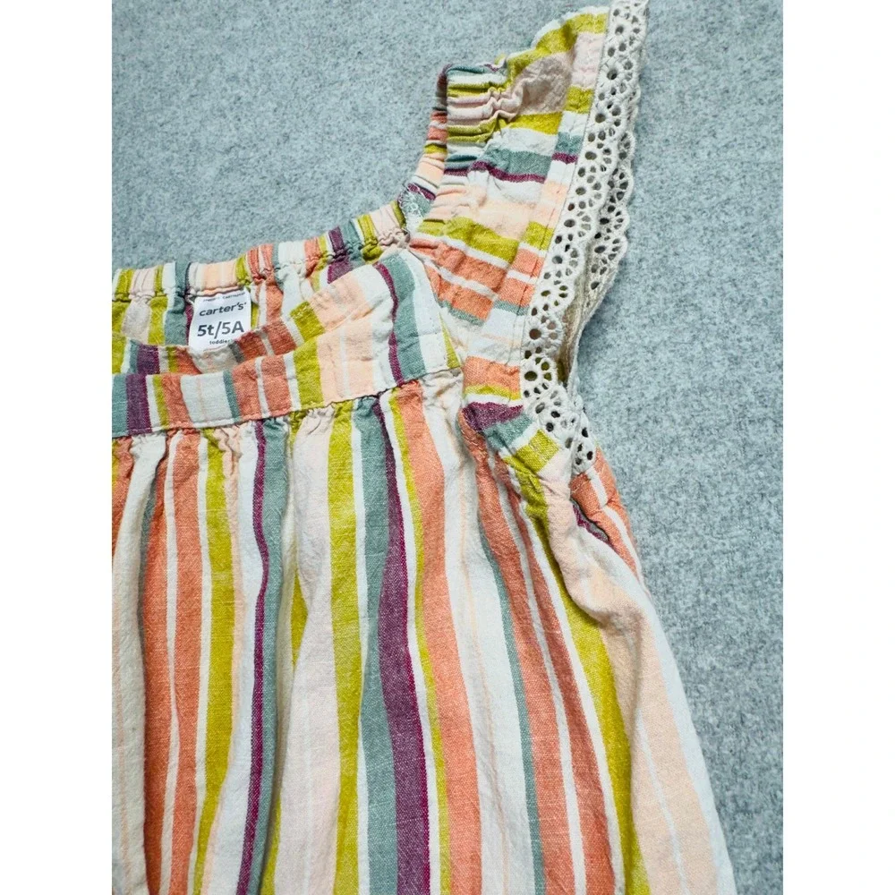 Carter's Girls 5T Striped Jumpsuit Rainbow Linen Blend Ruffle Sleeveless Romper